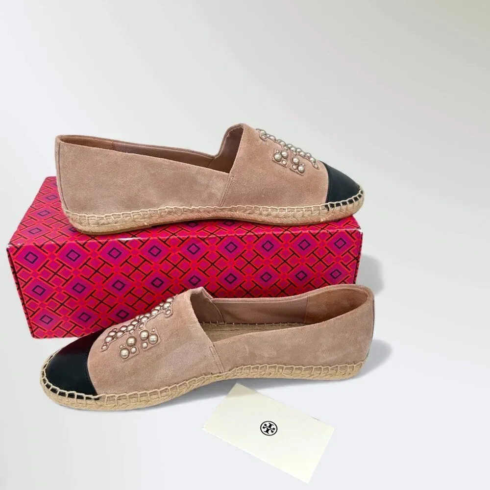 Tory Burch Pearl Logo Espadrille Flats Sensory MFO Suede Meadowsweet Womens 10